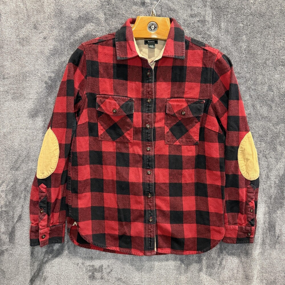 Roots Canada Shirt Womens Medium Red Black Buffalo Plaid Flannel Elbow Patches